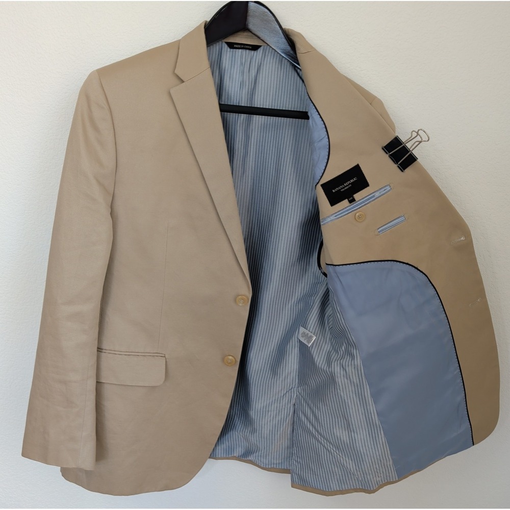 Banana Republic Mens 44R Sport Coat Blazer Khaki Cotton Linen Tailored Fit 2 Btn